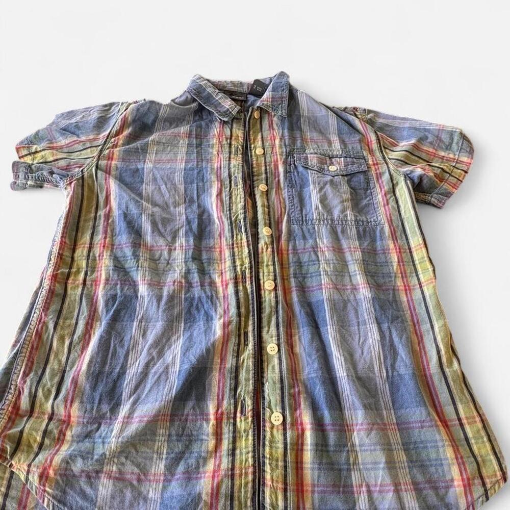 Lizwear Shirt Womens M Blue Plaid Button Up Short Sleeve Summer Casual Cotton